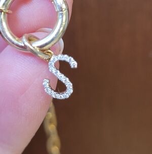 10k Solid Gold Initial 'S' Pendant Charm With Natural Diamonds, Approx 11mm.